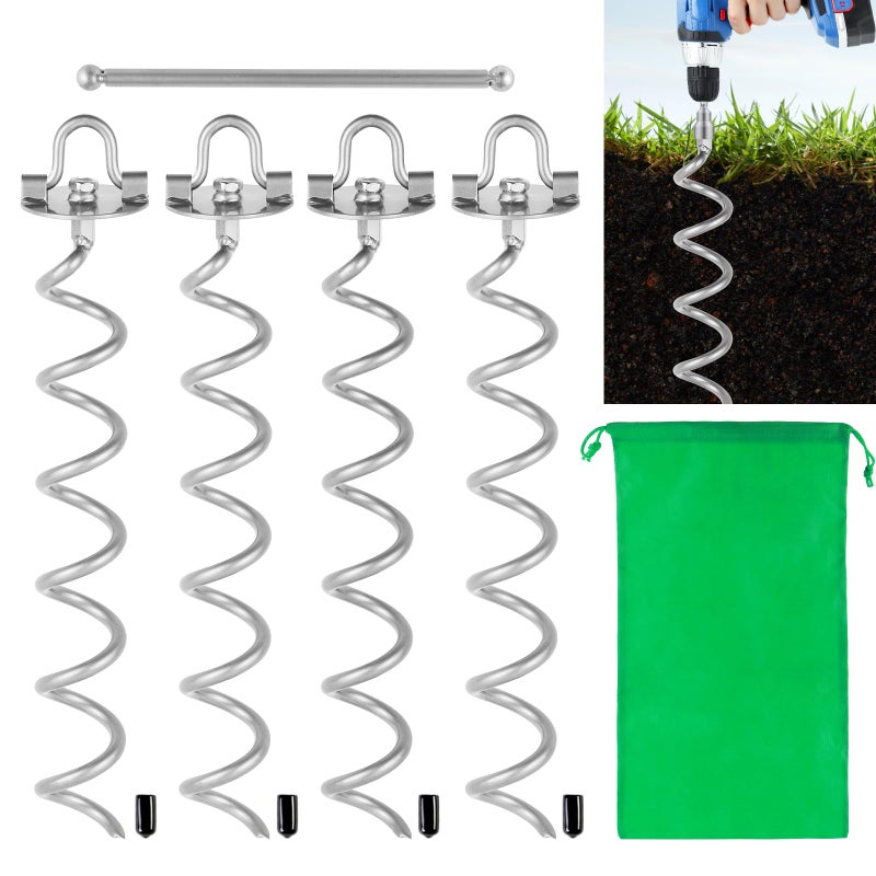 MIXXIDEA 17.5 Inch Gound Anchors Screw in, Metal Spiral Earth Anchors Kit, Heavy Duty Folding Ring Spiral Stake with Straps, Ground Stakes for Tent Trampolines, Sheds, Swings (Silver, 17.5 Inch) - Image 1